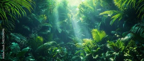 Background Tropical. Towering palms reach skyward, their fronds swaying gently in the breeze, while ferns and vines carpet the forest floor in a verdant tapestry. © BlockAI