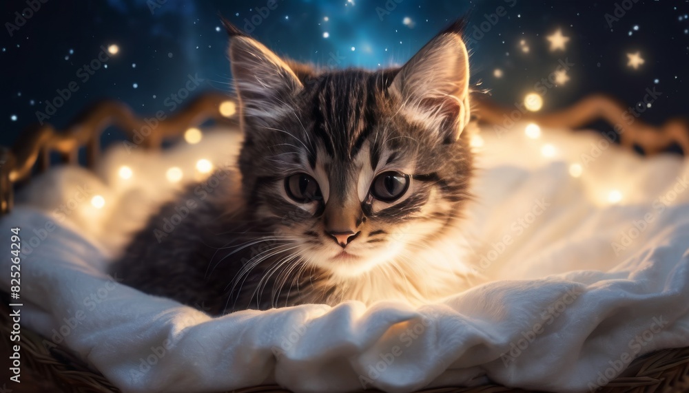 A cute kitten lies comfortably in a basket with a cozy blanket, set against a background of a starry night, creating a warm and serene atmosphere.