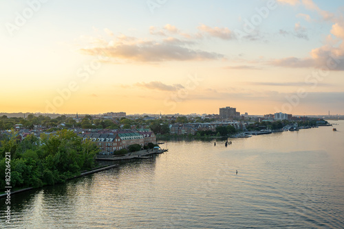 An elevated view of historic Old Town Alexandria Virginia and the Potomac River at sunset.