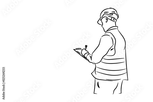 Two engineers constraction working together with tools, hand drawn line drawing vector illustration