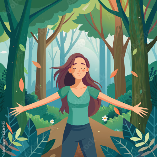 a free young woman breathes fresh air in the forest and spreads her arms.