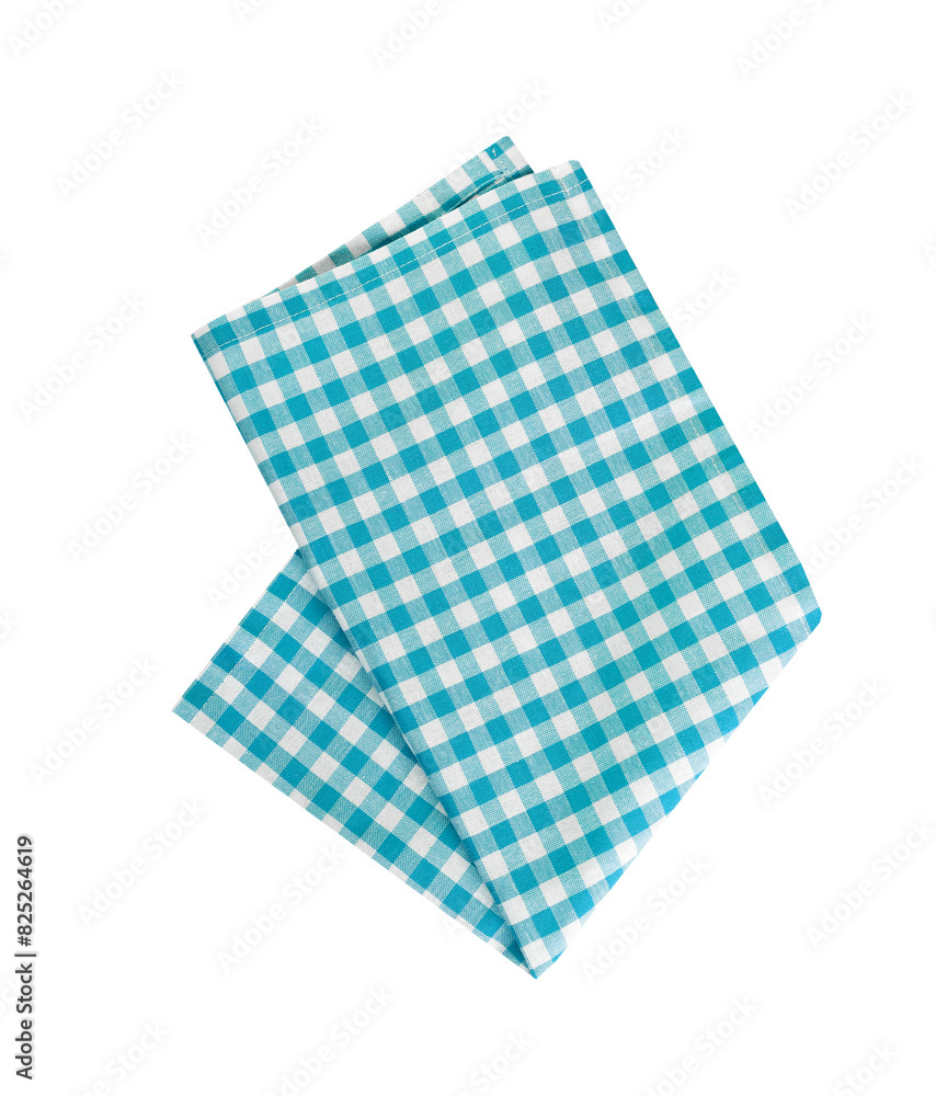 Blue gigngham tablecloth, checkered folded towel isolated on white. Picnic cloth. Blue gigngham tablecloth, checkered folded towel isolated on white. Picnic cloth.