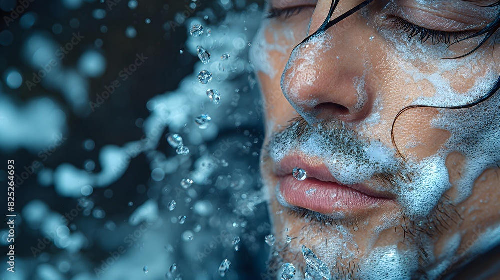 Close-up of man washing face with water and foam Close-up of man washing face with water and foam