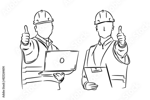 Two engineers constraction working together with tools, hand drawn line drawing vector illustration