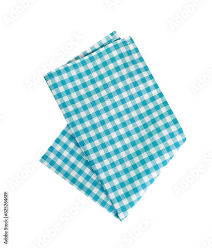 Blue gigngham tablecloth, checkered folded towel isolated on white. Picnic cloth.