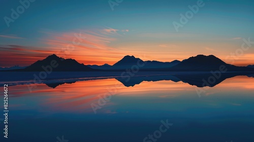 The tranquil evening scene shows a smooth transition in colors from dark blue to a glowing orange above a mirrored salt flat with mountain shapes adding to the calm atmosphere