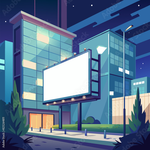 Blank white advertising billboard on a office building wall at night, mockup.