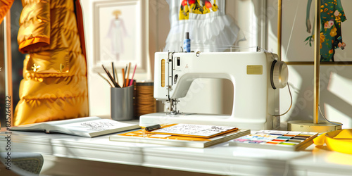 Fashion Forward: A chic desk with a sewing machine, sketchbook, and fabric swatches, showcasing the design process of a fashion designer creating trendsetting outfits © Lila Patel