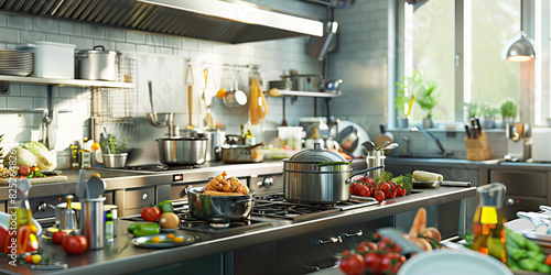 A chef's domain: A busy kitchen with an island, cookware, and fresh ingredients, capturing the chaotic harmony of a professional kitchen