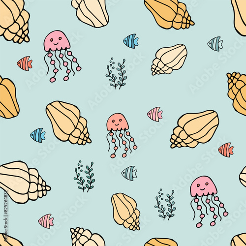 seamless pattern with shells, fish, jellyfish on a light background, vector.