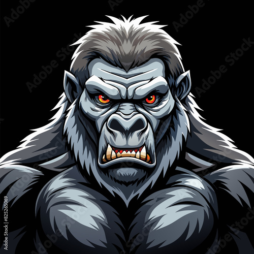 Portrait face powerful dominant male gorilla on black background, Beautiful Portrait of a Gorilla. severe silverback, anthropoid ape, stern face. isolated black background