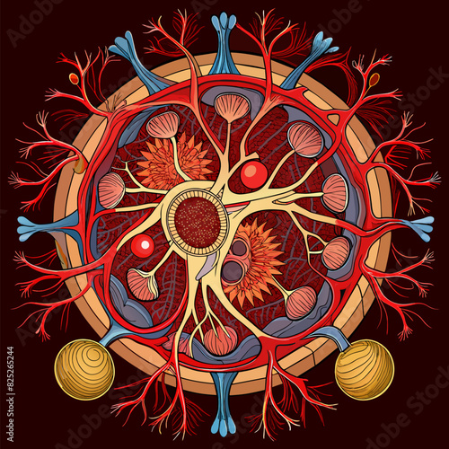 A detailed view of the complex network of blood vessels in a biological sample