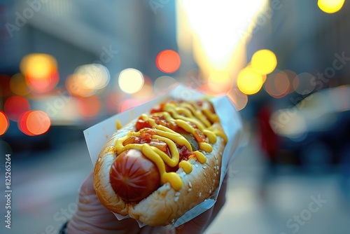 Delicious Street Food Hotdog with Mustard and Relish in Urban Evening