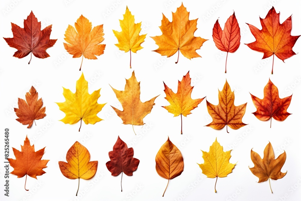 Collection of autumn leaves in warm hues of red, orange, and yellow, isolated on a white background, perfect for seasonal designs Collection of autumn leaves in warm hues of red, orange, and yellow, isolated on a white background, perfect for seasonal designs