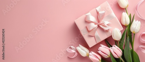 Pink tulips and a gift box on a pink background.