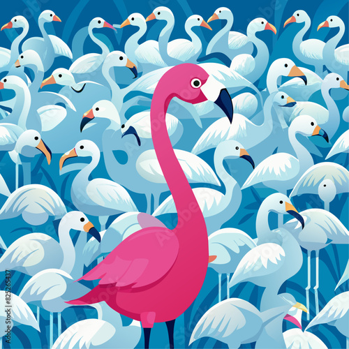 Standing out from the crowd , pink flamingo standing between man white birds.