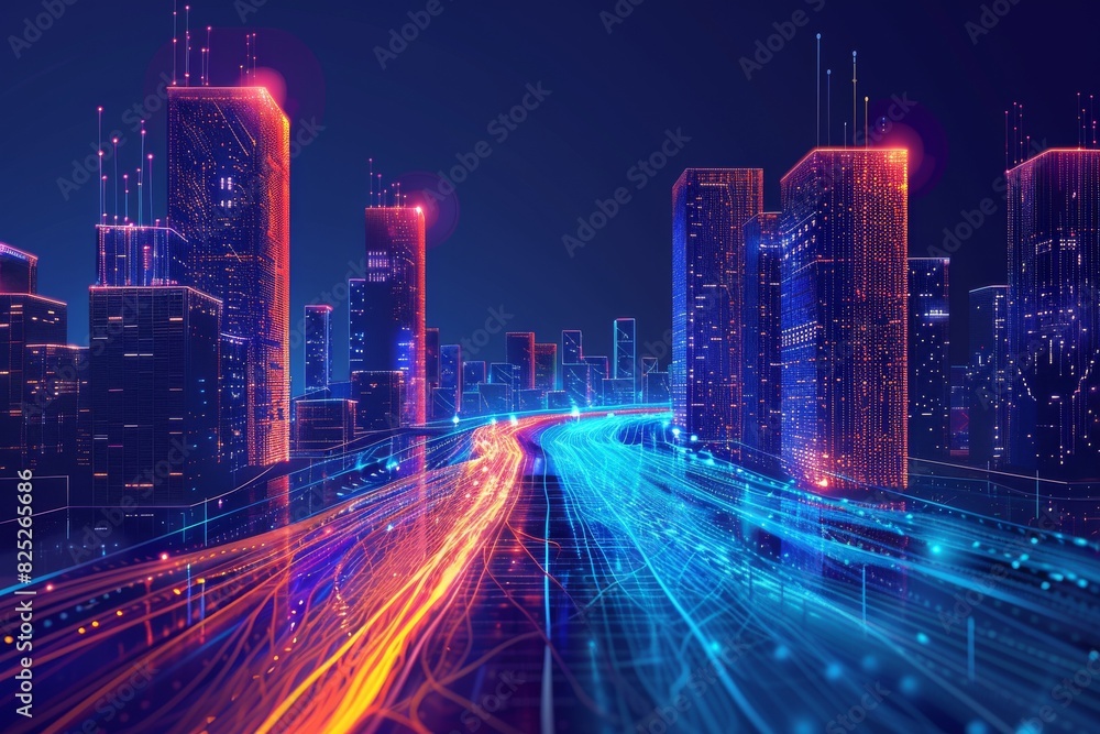 Fototapeta premium A cityscape with neon lights and a colorful blur of lights