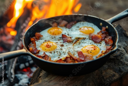 Sunny-side-up eggs with bacon sizzling in a skillet on a campfire, perfect for a rustic outdoor meal