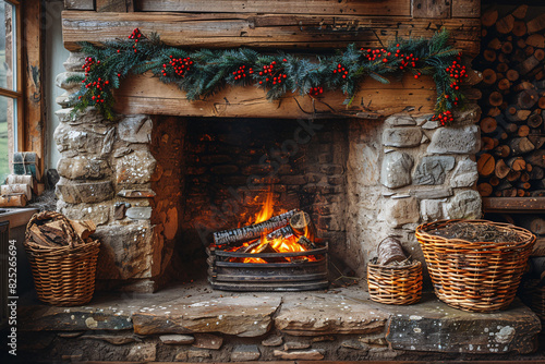 Fireplace in a country house with wooden beams and baskets with dry twigs next to it