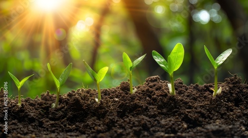 Young seedlings sprouting in rich, dark soil with bright green leaves, bathed in warm sunlight, set against a blurred natural background.