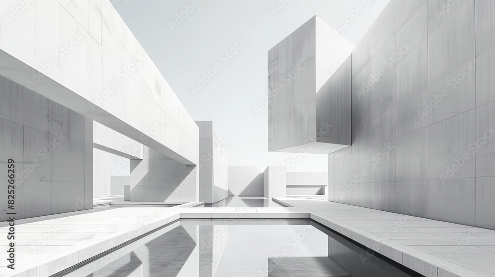 Fototapeta premium Modern abstract concrete architecture reflected on water. Minimalist geometric design creating an artistic, futuristic cityscape.