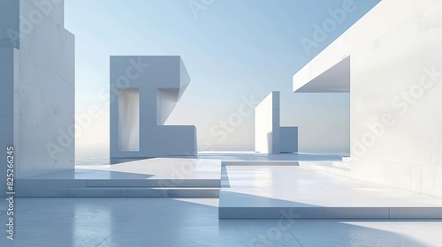 Minimalistic architectural background with white geometric shapes under clear sky, showcasing modern design and simplicity.