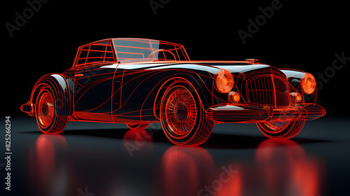 Vintage Car with Wireframe Model Overlay