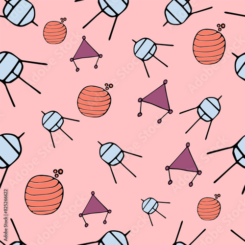 seamless pattern with spaceship and planets on a pink background, vector.