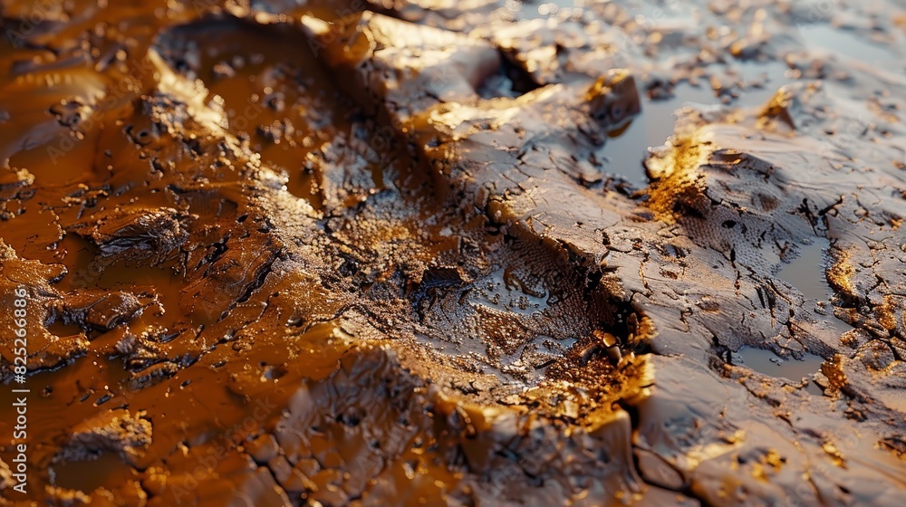 Close-up of a footprint in mud, highly detailed with realistic texture and earthy colors, digital painting