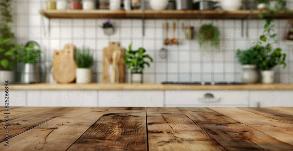 A kitchen with a empty wooden countertop, background for product presentation A kitchen with a empty wooden countertop, background for product presentation