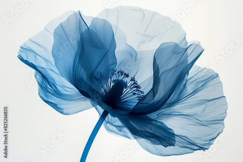 A blue poppy flower with a stem is shown in a monochromatic photo