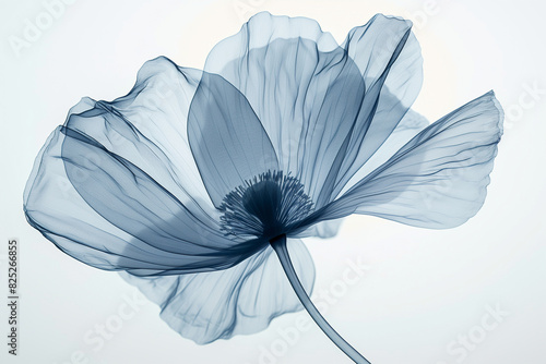 A blue poppy flower with a stem is shown in a monochromatic photo