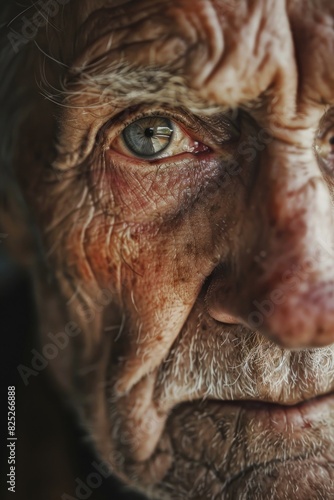 Close-Up Portrait of an Elderly Man with Wrinkled Skin and Expressive Eyes for Photography Projects and Artistic Use