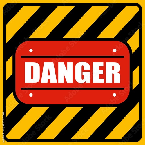 Ilustração de um sinal de alerta com listras pretas e amarelas e a palavra Danger sobre um fundo vermelho. Letreiro com alerta de perigo photo