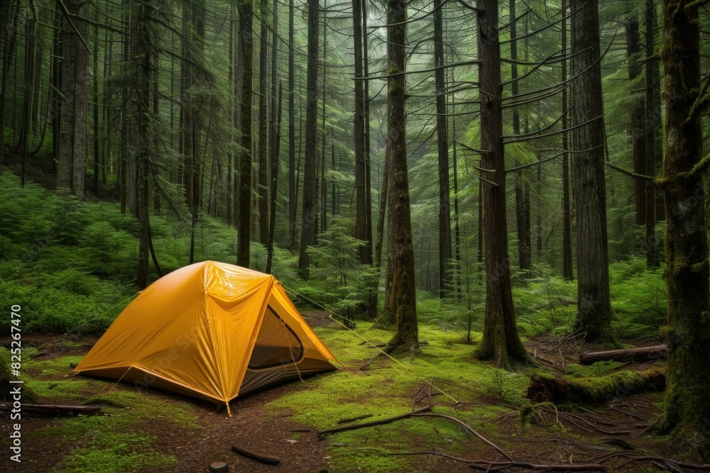 Vibrant yellow tent nestled in a lush green forest, capturing the essence of peaceful wilderness camping