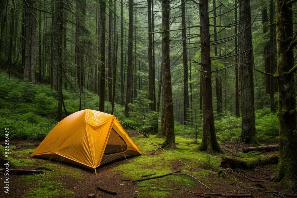 Vibrant yellow tent nestled in a lush green forest, capturing the essence of peaceful wilderness camping Vibrant yellow tent nestled in a lush green forest, capturing the essence of peaceful wilderness camping