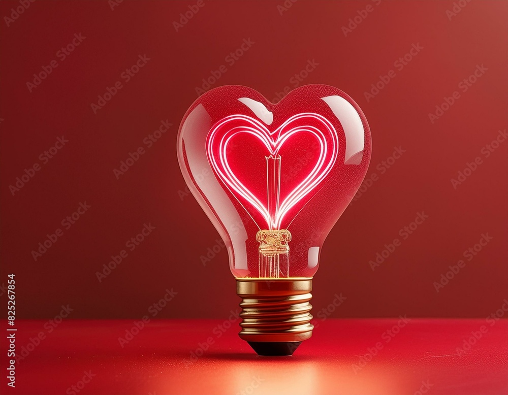 Light bulb with a heart shape glowing filament on a red background, Valentine day concept Light bulb with a heart shape glowing filament on a red background, Valentine day concept