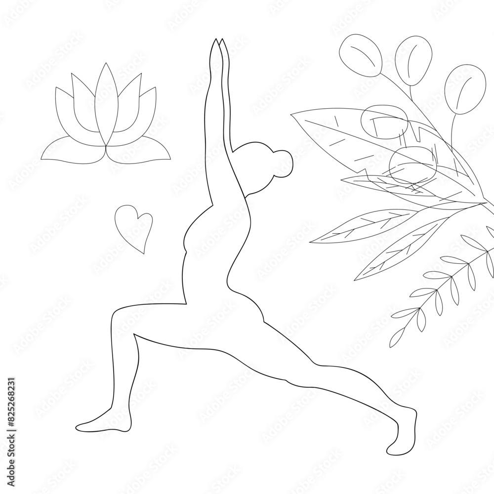Yoga. Silhouette of a girl doing yoga in a warrior pose. Outline black and white illustration.