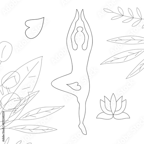 Yoga. Silhouette of a girl doing yoga in a tree pose. Outline black and white illustration.