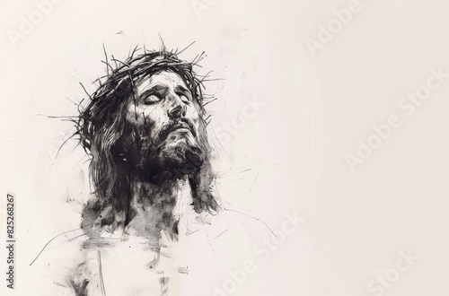 A dramatic black and white portrait of Jesus Christ with a crown of thorns