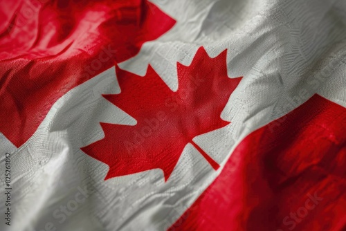 Closeup detailed texture of canadian flag with vibrant red and white colors, showcasing the iconic maple leaf emblem photo