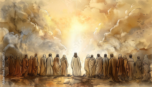 A group of people walking towards a bright light in the sky, symbolizing hope, faith, and ascension.