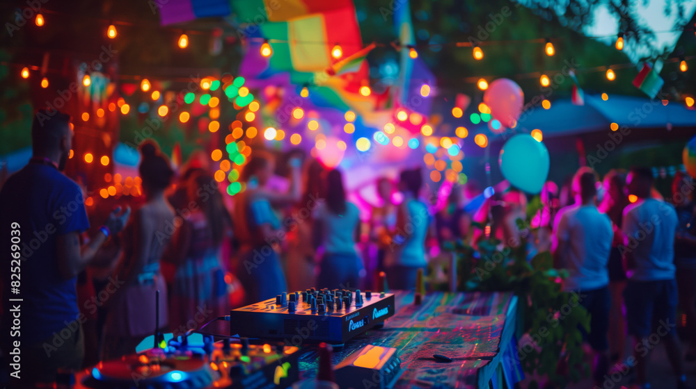A photograph of a Pride party, people dancing, colorful decorations, and lights. Background of an outdoor venue with a DJ booth and a crowd enjoying the music. Vibrant, joyful, and lively atmosphere. A photograph of a Pride party, people dancing, colorful decorations, and lights. Background of an outdoor venue with a DJ booth and a crowd enjoying the music. Vibrant, joyful, and lively atmosphere.