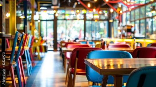 A restaurant filled with colorful chairs in various hues and styles