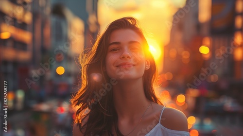 A beautiful woman with flawless skin, smiling gently, with a backdrop of a bustling cityscape at sunset.
