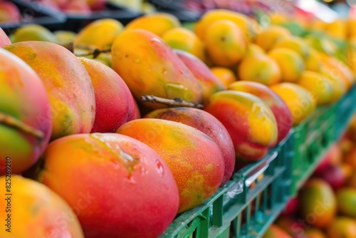 Colorful mangoes in market crates. Selective focus on fresh tropical fruits. Marketplace and organic produce concept. Design for poster  banner  and print.