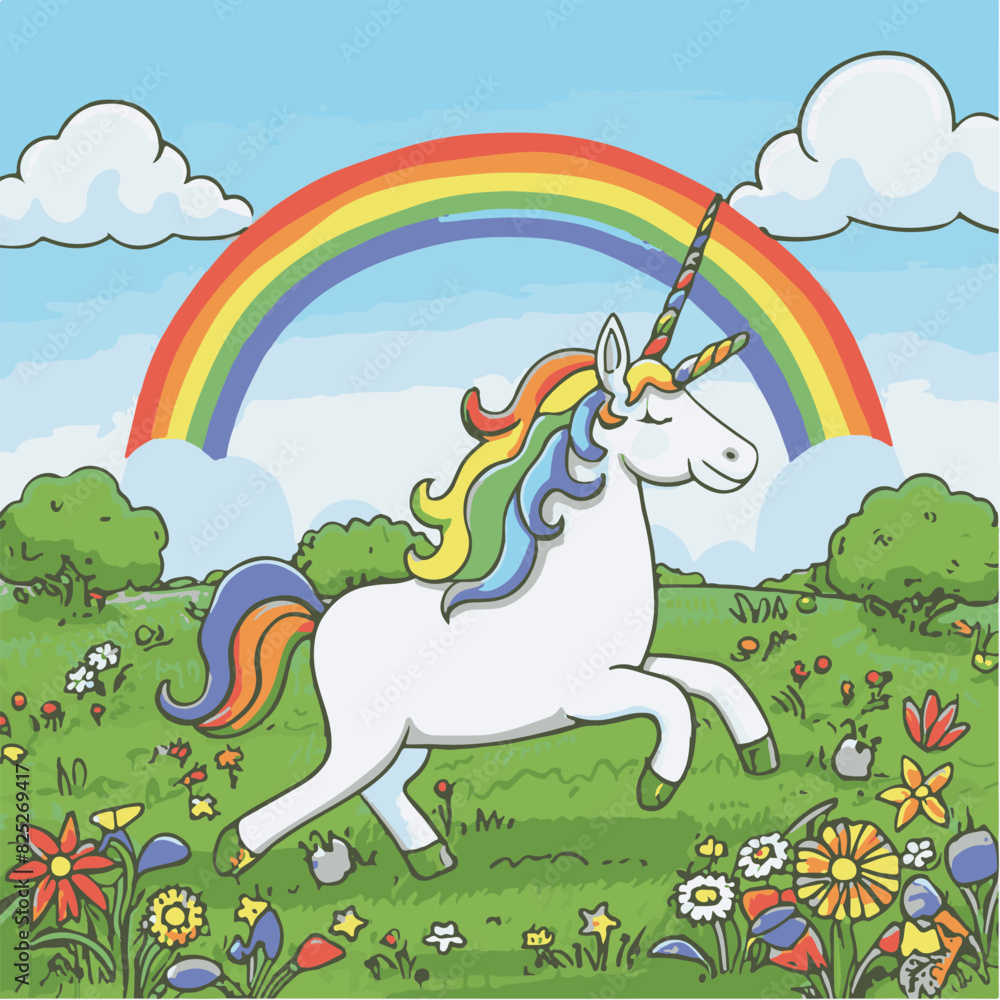 Cartoon unicorn with a rainbow in the background Cartoon unicorn with a rainbow in the background