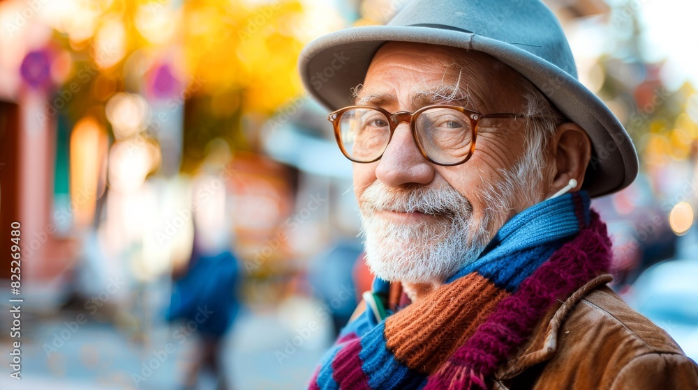 An elderly man with a hat and scarf