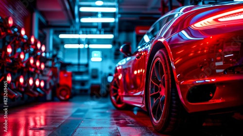 A vibrant red sports car is parked inside a garage