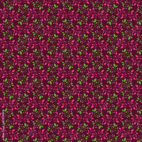 Fine leaf pattern Small floral fabric print Tiny floral fabric Simple green pink magenta on a dark rustic red background